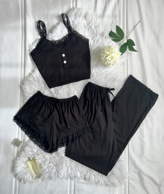 Ensemble Pyjama 3 Pièces avec Dentelle Élégante