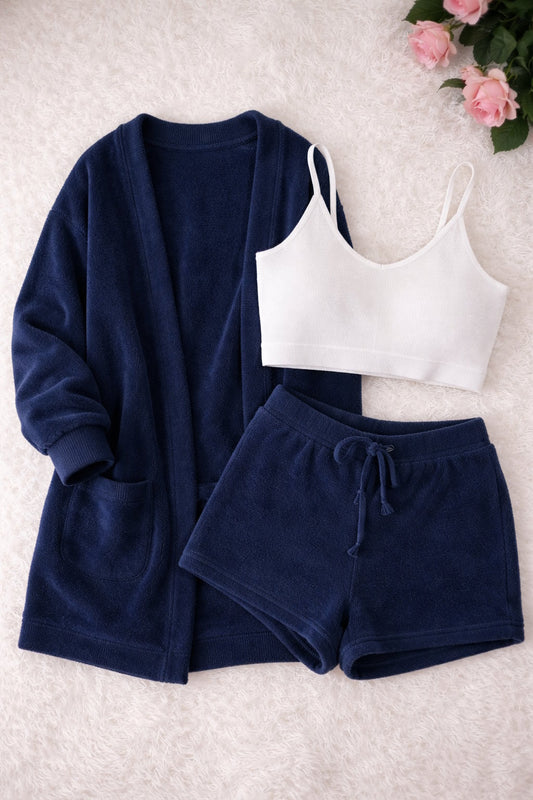 Pyjama Femme 3 Pièces Doux Et Chaud – Cardigan & Haut & Short