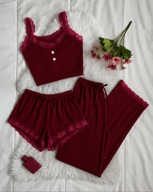 Ensemble Pyjama 3 Pièces avec Dentelle Élégante