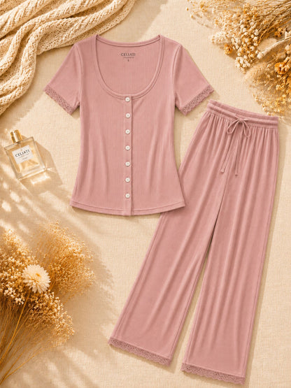 Pyjama Loungewear Femme avec Boutons et Finitions Dentelle