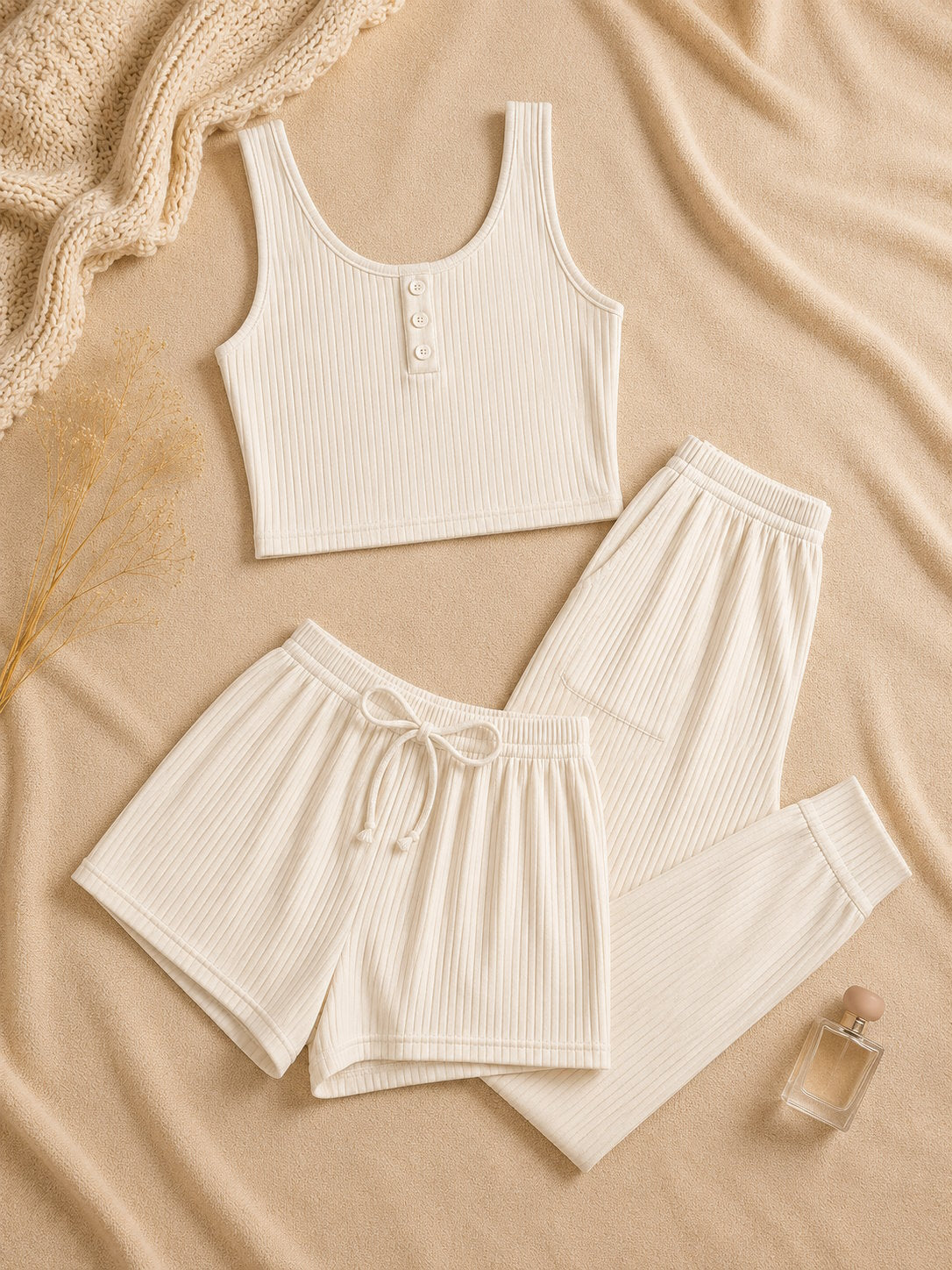 Ensemble loungewear femme côtelé – 3 pièces