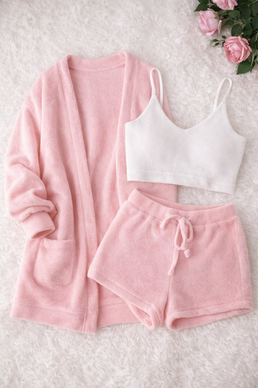 Pyjama Femme 3 Pièces Doux Et Chaud – Cardigan & Haut & Short