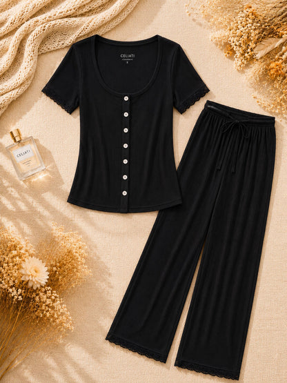 Pyjama Loungewear Femme avec Boutons et Finitions Dentelle