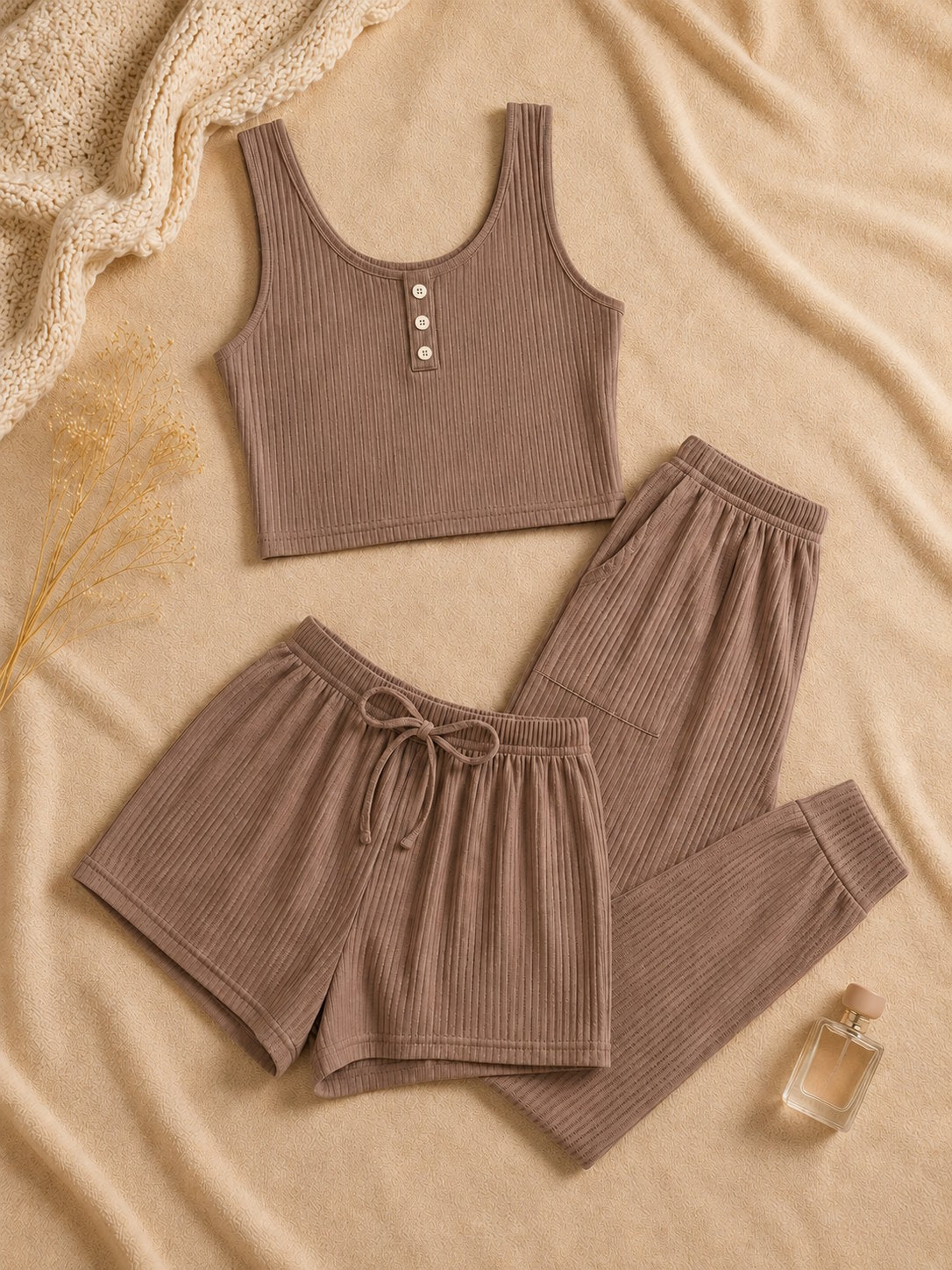 Ensemble loungewear femme côtelé – 3 pièces