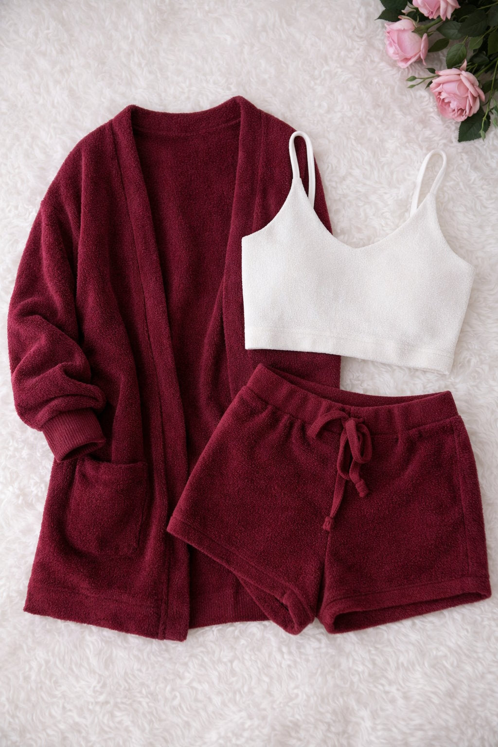 Pyjama Femme 3 Pièces Doux Et Chaud – Cardigan & Haut & Short