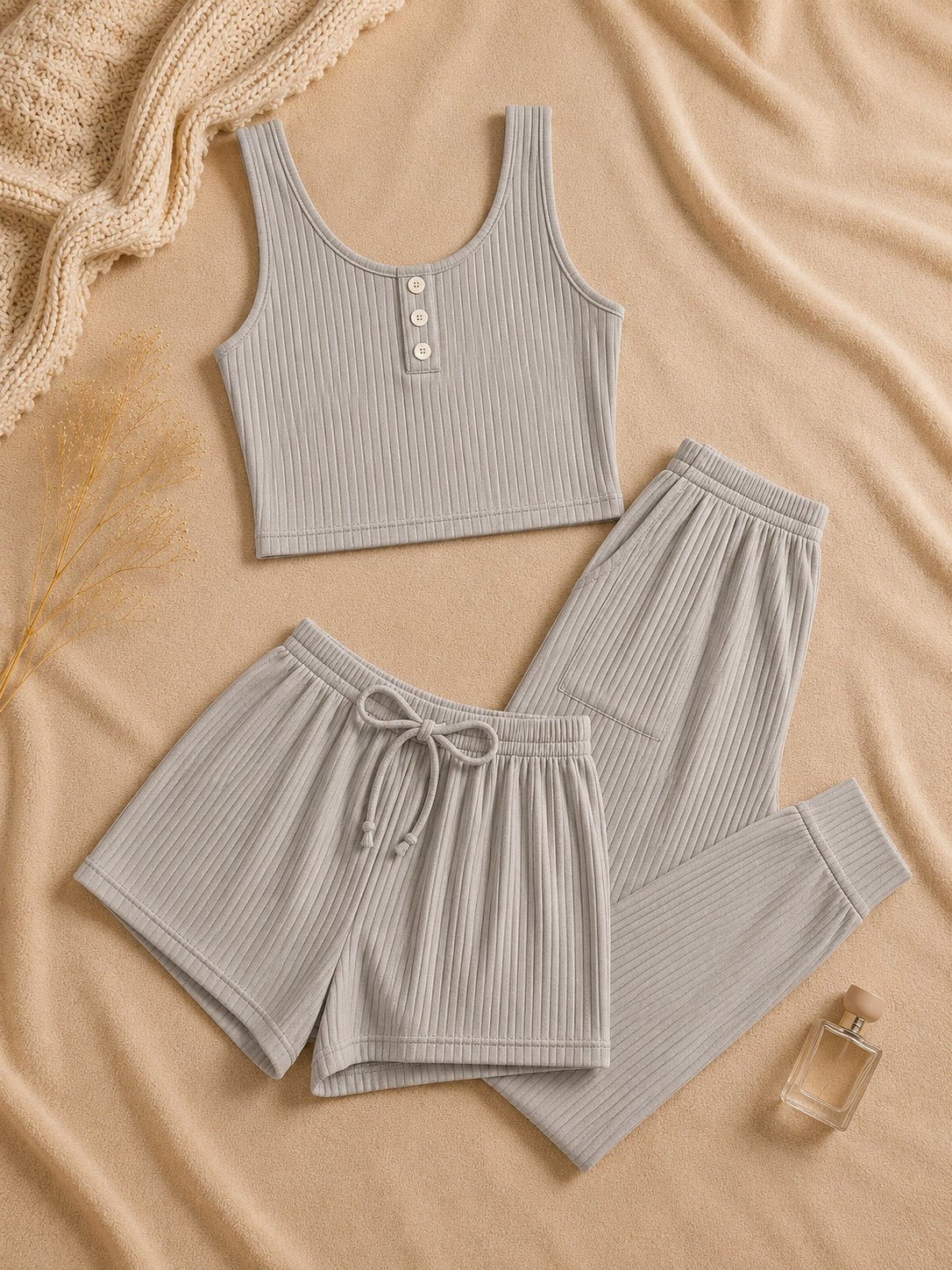 Ensemble loungewear femme côtelé – 3 pièces