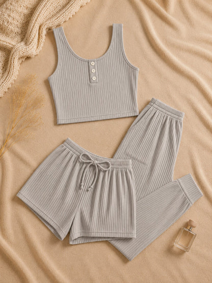 Ensemble loungewear femme côtelé – 3 pièces
