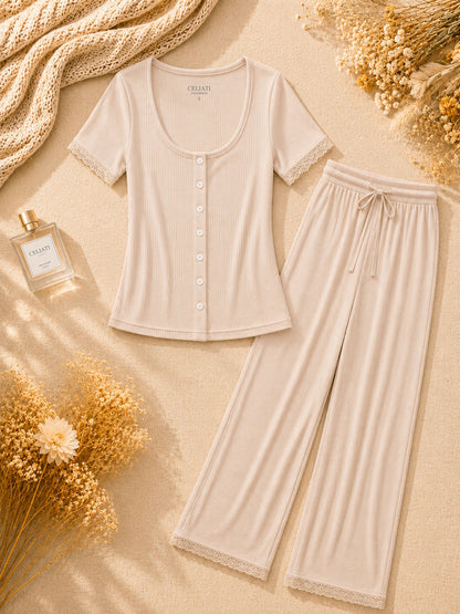 Pyjama Loungewear Femme avec Boutons et Finitions Dentelle