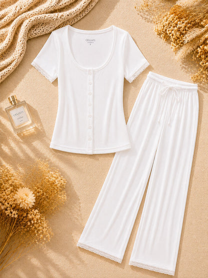 Pyjama Loungewear Femme avec Boutons et Finitions Dentelle