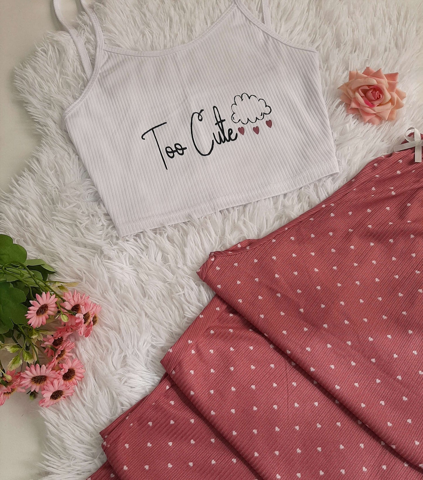 Conjunto de Pijama com Impressão de Corações, com Top de Camisola e Calças Longas