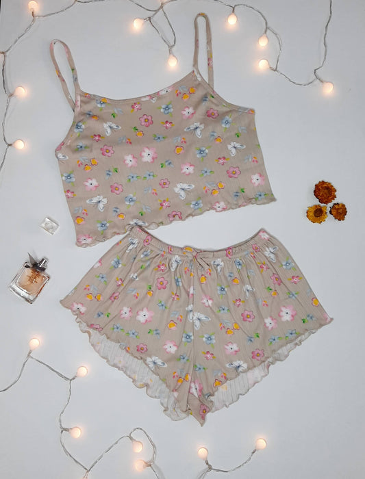 Ensemble-Pyjama-Avec-Impression-De-Fleurs-Top-Et-Short-Beige