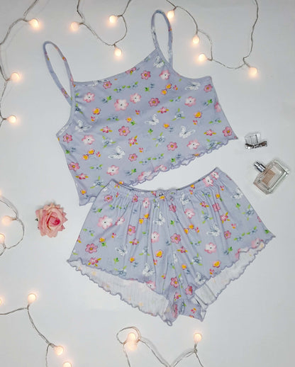 Ensemble-Pyjama-Avec-Impression-De-Fleurs-Top-Et-Short-Gris