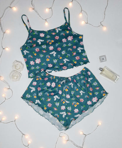 Ensemble-Pyjama-Avec-Impression-De-Fleurs-Top-Et-Short-Noir