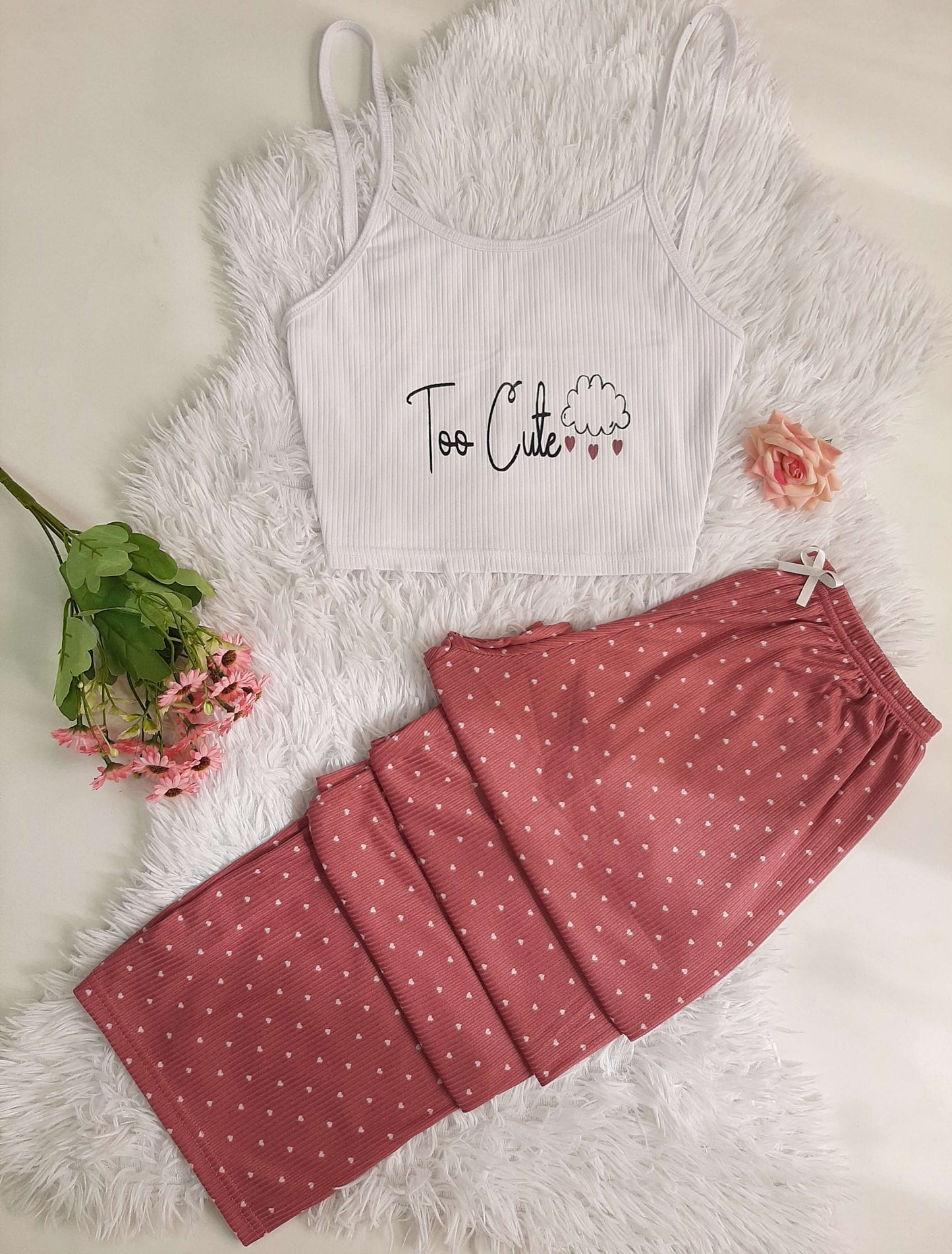 Conjunto de Pijama com Impressão de Corações, com Top de Camisola e Calças Longas