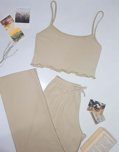 PyjamaAvecPantalonDeCouleurUnie-Beige